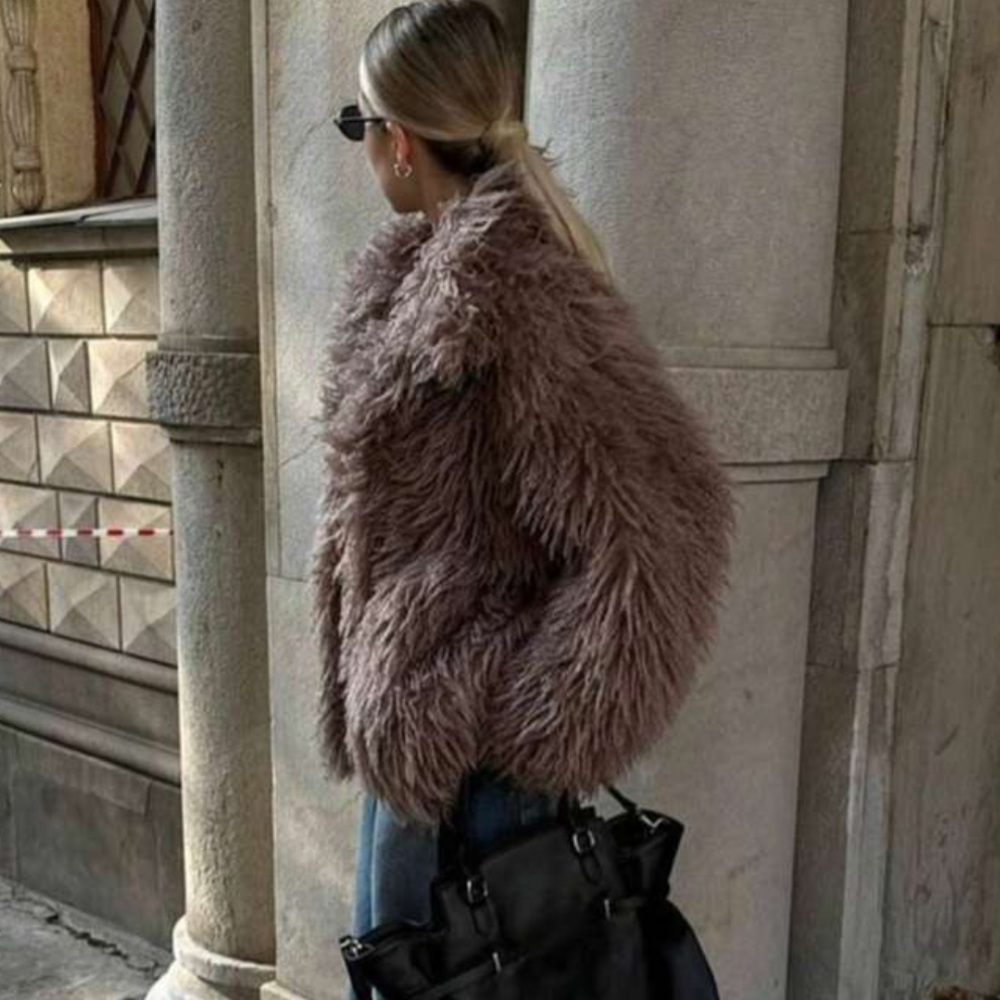 Women's Brown Faux Fur Jacket feather mop fluffy shaggy fluffy coat
